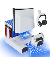 Load image into Gallery viewer, (Electronics) Vertical Stand with Cooling Fan Station for PS5 Slim Console/Playstation 5 Slim Accessories Charger for Disc Digital Edition/Controller Charging Dock/Headset Holder/Game Storage/Remote Slot
