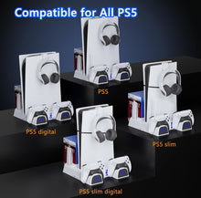 Load image into Gallery viewer, (Electronics) Vertical Stand with Cooling Fan Station for PS5 Slim Console/Playstation 5 Slim Accessories Charger for Disc Digital Edition/Controller Charging Dock/Headset Holder/Game Storage/Remote Slot
