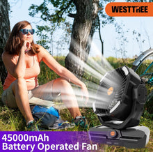 Load image into Gallery viewer, WESTTREE Battery Operated Large Airflow Fan/45000mAh/Rechargeable Cordless/360°Auto Oscillation &amp; Timer/Quiet/Battery Powered/Portable with RGBW Lights
