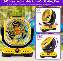 Load image into Gallery viewer, WESTTREE Battery Operated Large Airflow Fan/45000mAh/Rechargeable Cordless/360°Auto Oscillation &amp; Timer/Quiet/Battery Powered/Portable with RGBW Lights
