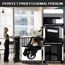 Load image into Gallery viewer, (Household/Office) Professional Presentation Podium/Acrylic Pulpit Stand/47" Clear Black Rolling Podium Stand with Storage Shelf/Classroom, Weddings, Conference, Concert
