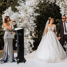 Load image into Gallery viewer, (Household/Office) Professional Presentation Podium/Acrylic Pulpit Stand/47" Clear Black Rolling Podium Stand with Storage Shelf/Classroom, Weddings, Conference, Concert
